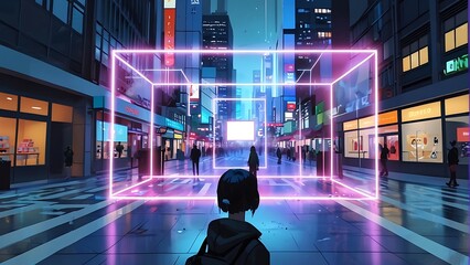 AR Future city concept, Urban Night Life with People Walking, Smiling, and Reflecting City Vibes, Photo realistic style, Metaverse concept with AR, VR, MR, modern style, cyberpunk , supermarket - obrazy, fototapety, plakaty