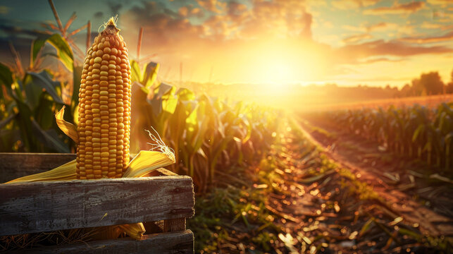 A corn stalk is sitting in a crate in a field. The sun is shining brightly on the corn and the field