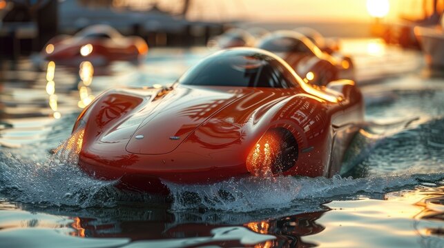 Cars that can turn into boats on the water, solid color background, 4k, ultra hd