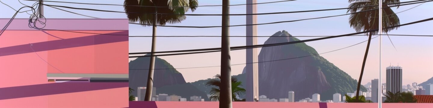 pastel pink cityscape with palm trees and mountain silhouette against geometric lines