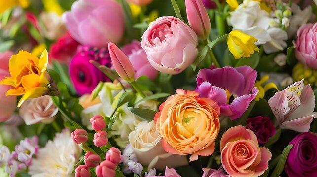 background of various flowers of different colors close-up, Colorful bouquet of flowers, Multi-colored bouquet of yellow on top. A bouquet of flowers on the table Ai generated 