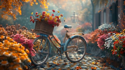 A vintage bicycle adorned with baskets of colorful flowers - Powered by Adobe
