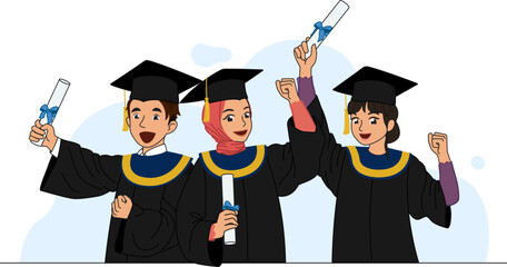 graduation ceremony, happy students celebrating graduation, celebrating graduation from college, university, high school