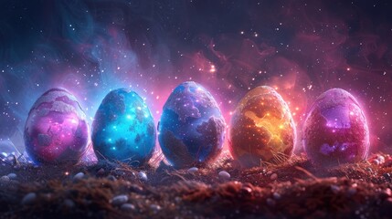 Easter eggs with cosmic designs, solid color background, 4k, ultra hd - obrazy, fototapety, plakaty