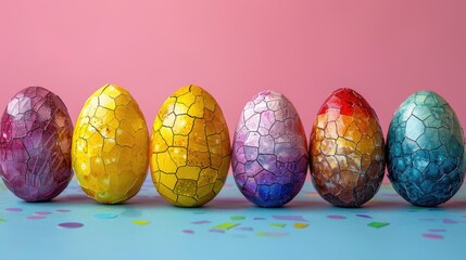 Easter eggs with cubist designs, solid color background, 4k, ultra hd - obrazy, fototapety, plakaty