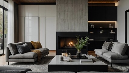 living room with fireplace,A living room with a grey couch, a coffee table, and a framed photograph of a black and white car on the wall.