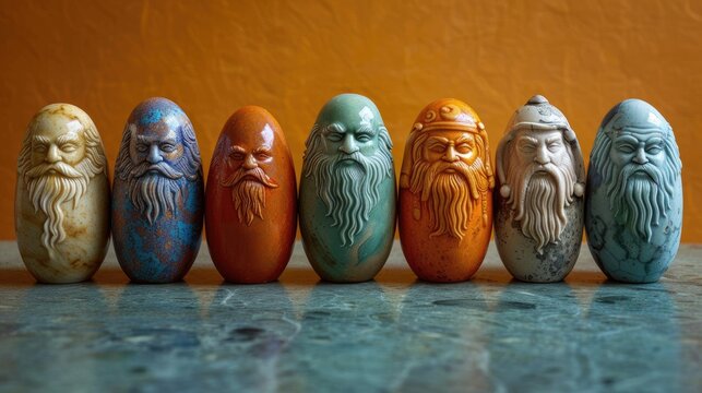 Easter eggs with images of ancient gods, solid color background, 4k, ultra hd