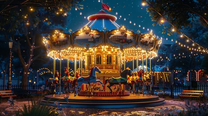 Foto op Canvas A whimsical carousel spinning merrily in a moonlit park © MuhammadInaam