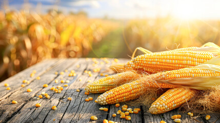 A bunch of corn is on a wooden table. The corn is yellow and there are some corn kernels on the table - Powered by Adobe