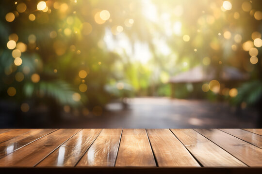 Empty wooden planks or tabletop in front of a blurred bokeh lush tropical forest with water drops and maximalist background a product display background or wallpaper concept with backlighting 