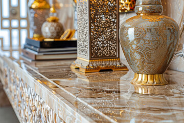 Arabic ceramic vase decorationle table in living room.
