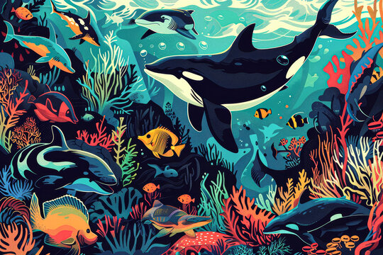 A colorful painting of a group of fish and a whale in a coral reef. The mood of the painting is lively and vibrant, with the various colors and shapes of the fish
