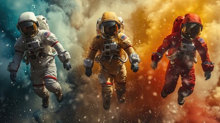People in anti-gravity suits, solid color background, 4k, ultra hd