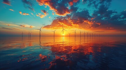 Offshore wind farm with turbines in the open sea, solid color background, 4k, ultra hd - obrazy, fototapety, plakaty