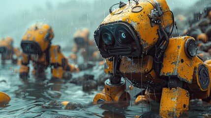 Ocean scavenging robots, solid color background, 4k, ultra hd