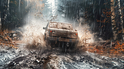 A car is driving through a muddy road with rain pouring down. The car is splashing mud and water all over the road. The scene is intense and exciting - obrazy, fototapety, plakaty
