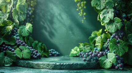 Podium with simulated vineyard for wines and beverages, solid color background, 4k, ultra hd