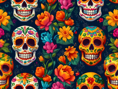 Painted colourful Cinco de Mayo skulls in a vibrant Mexican style with a bouquet of traditional flower designs.