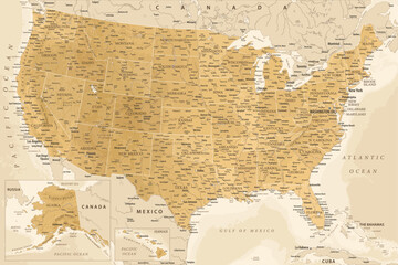United States - Highly Detailed Vector Map of the USA. Ideally for the Print Posters. Golden Spot Relief Topographic Beige Retro Style - obrazy, fototapety, plakaty