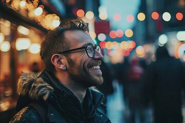 Portrait of a man with glasses in the city at night.