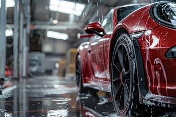 Luxurious Red Car Undergoing Premium Wash