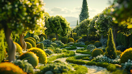 A whimsical topiary garden where sculpted shrubs take on fantastical shapes and forms