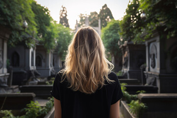 Ai generated picture of sad lonely girl visiting relatives and family at a cemetery - obrazy, fototapety, plakaty
