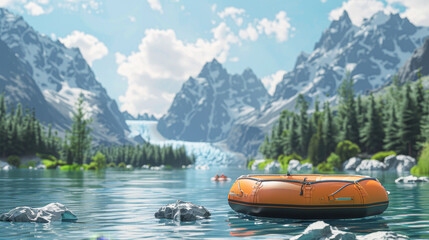 A large orange raft sits in a lake surrounded by mountains. The scene is peaceful and serene, with the water reflecting the beauty of the surrounding landscape