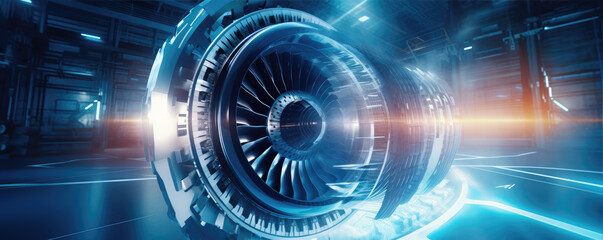 Aircraft engine dismantled in a hangar blue color - obrazy, fototapety, plakaty