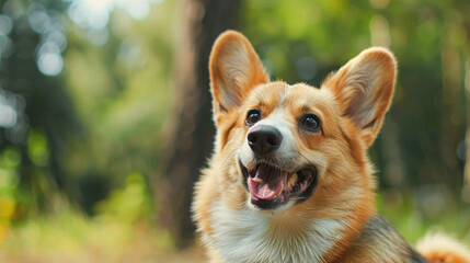 A happy dog with a big smile on its face. The dog is brown and white and has a happy expression