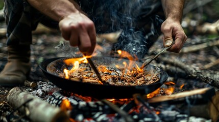 Fototapeta premium Campfire cooking techniques, mastery of flame, culinary adventure