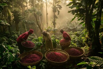 Coffee Plantation at Sunrise, Full Baskets of Cherries