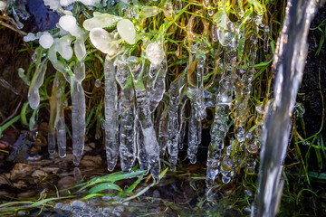 Beautiful icy spring in sunny day, close-up ice growths