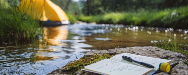 Camping journaling, reflections penned, natures muse - obrazy, fototapety, plakaty
