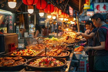 Vibrant Asian Street Food Market Scene at Night