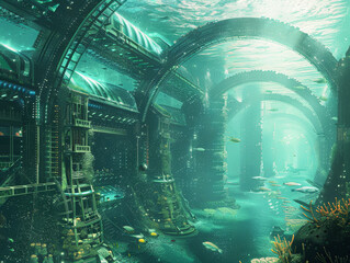 A futuristic underwater city with a lot of fish swimming around. The fish are swimming in the water and the buildings are made of glass