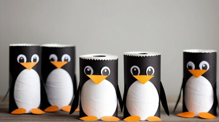 Kids crafts, cute penguins made of toilet rolls and papers