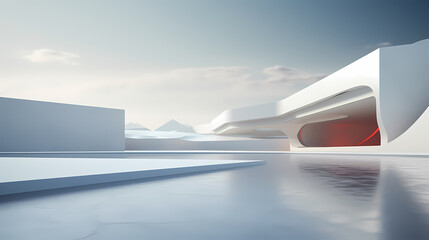 Empty concrete floor of parking lot. 3D rendering of abstract white building with empty concrete floor
