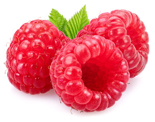 Ripe perfect raspberries with green leaf isolated on white background.