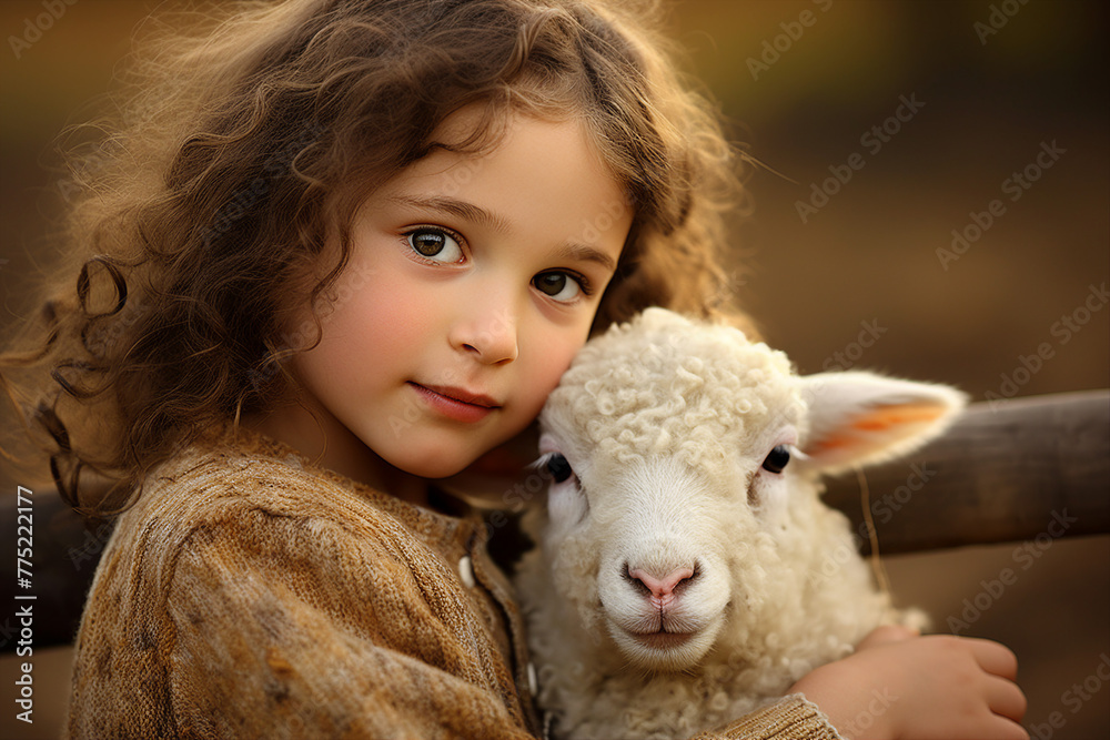 Poster Generated with AI technology picture of cute baby hugging sheep