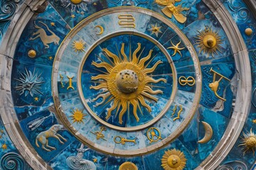 Fototapeta na wymiar Astronomical Zodiac Art with Golden Accents on Blue Canvas