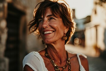 Portrait of a smiling mature woman in the city at sunset.