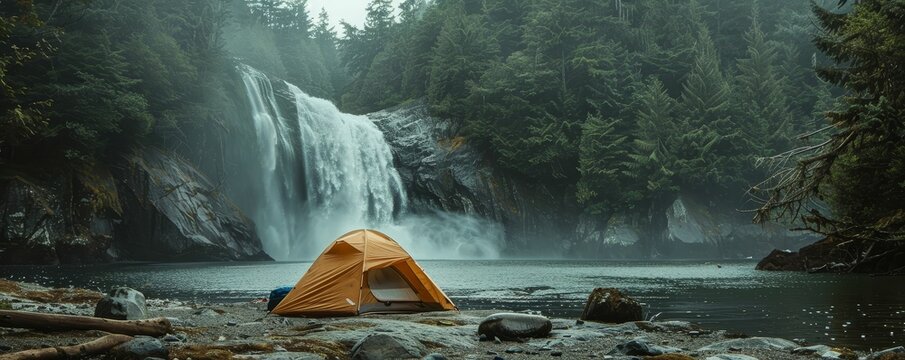 Camping near a waterfall, natures power, mists kiss