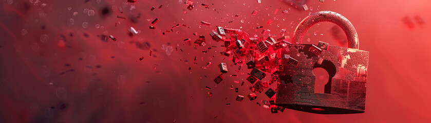 A padlock breaks, scattering amidst red hues, an alert to the fragility of security - obrazy, fototapety, plakaty