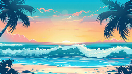 Fototapeta na wymiar Tropical Paradise, Hawaiian Style Landscape Illustration in Pastel Tones
