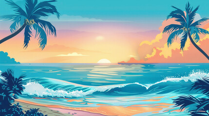Fototapeta na wymiar Hawaiian Dream, Pastel Landscape with Ocean Waves and Sunset