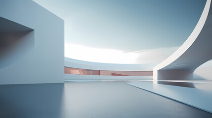 Empty concrete floor of parking lot. 3D rendering of abstract white building with empty concrete floor