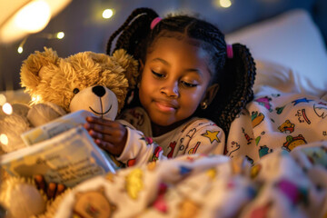 Cute little girl lying in bed with teddy bear at night and reading a book in bed at home. Early childhood education concept.
