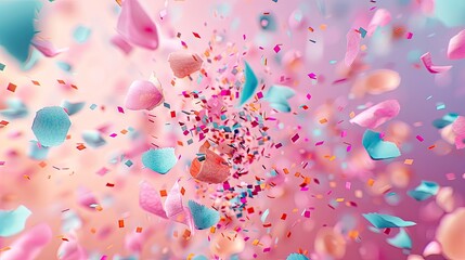 Pastel colorful confetti, falling and levitation, light pink background - obrazy, fototapety, plakaty