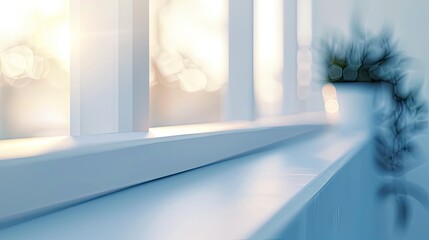 serene beauty of a white windowsill bathed in evening light, creating a cool tone. Focus on the smooth, unblemished surface, evoking a tranquil ambience in this close-up shot